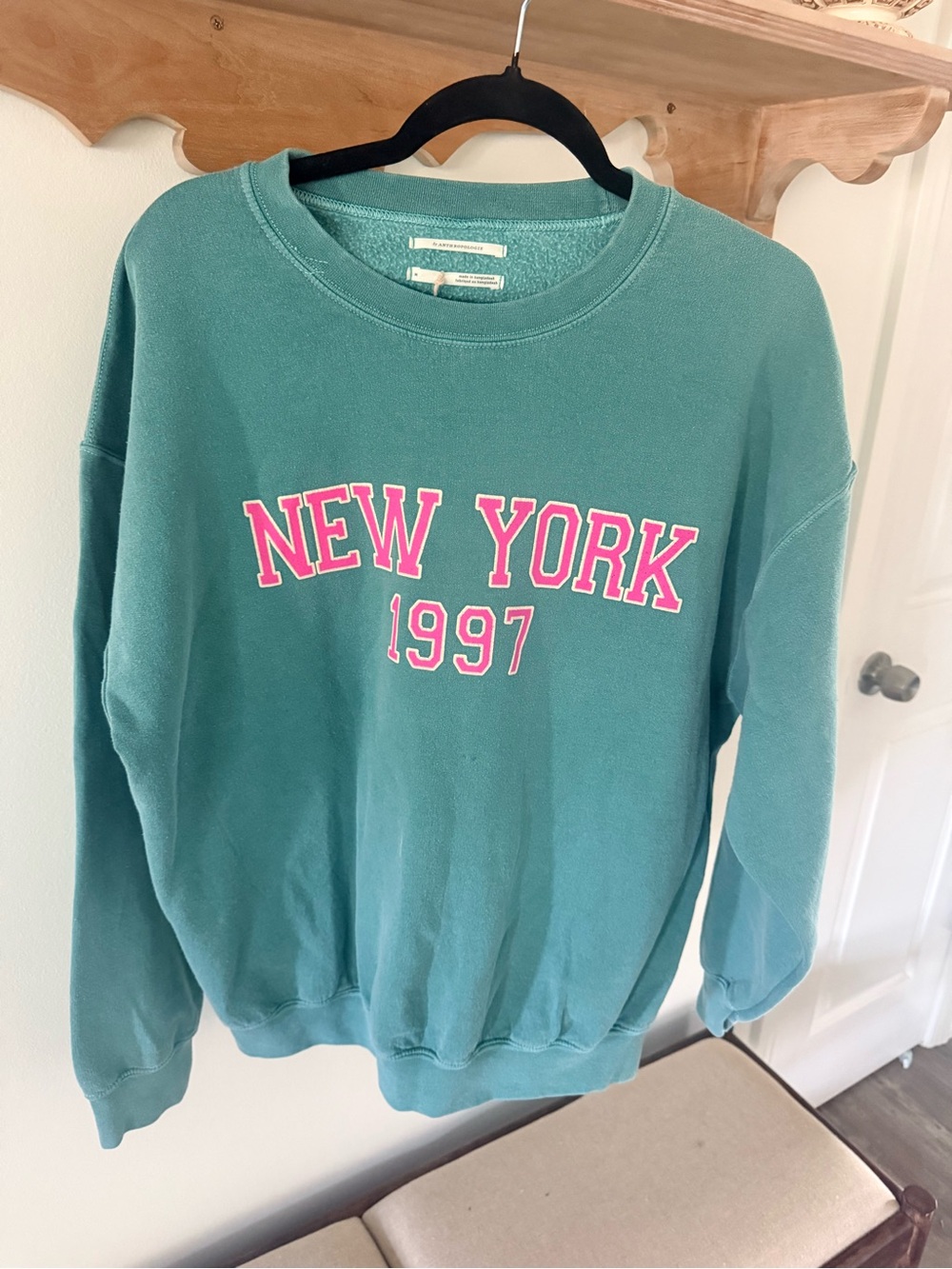 Anthropologie Teal Crewneck Sweatshirt with Pink 'New York 1997' Lettering